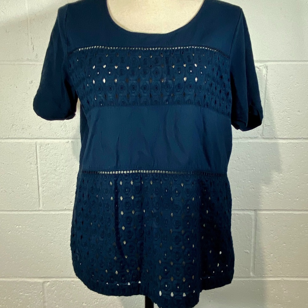 Susina Navy Blue Eyelet Panel Short Sleeve Shirt